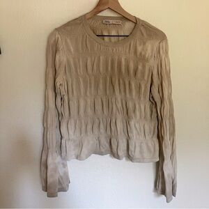 Zara Crinkle Neutral Tie Dye Bell Sleeve Blouse Size L